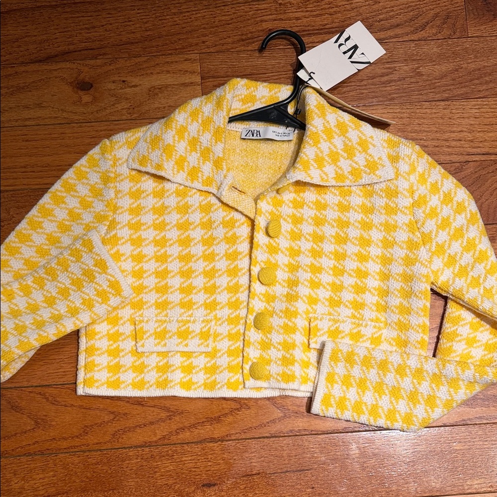 Zara Yellow and White Houndstooth Cropped Cardigan